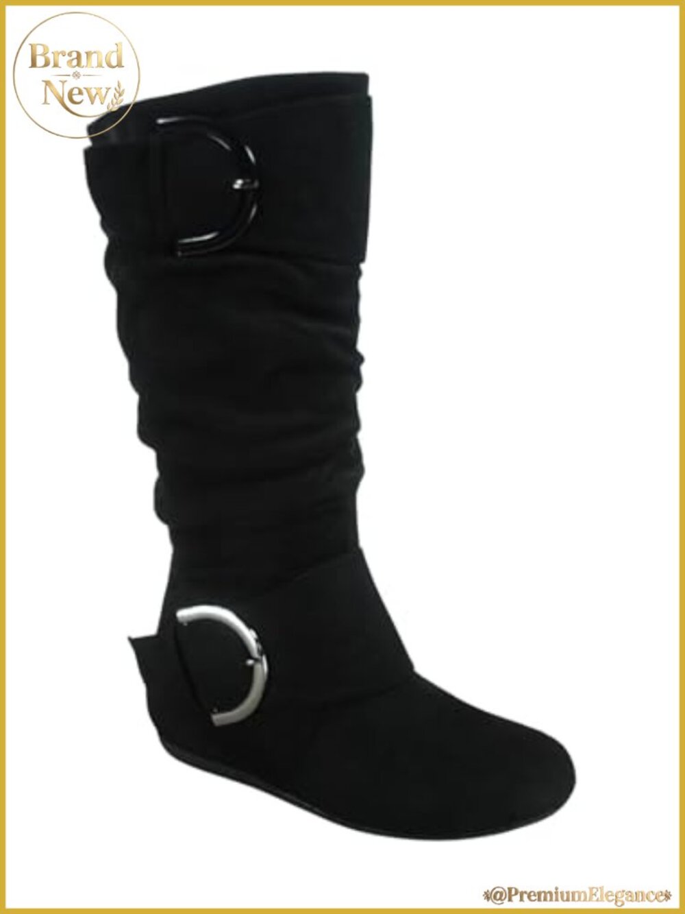 Faux Suede Mid-Calf Slouchy Boots Closed Round Toe Flat Heel Buckle Side Zip